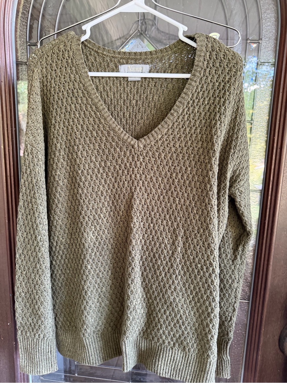 Natural Reflections Olive V-Neck Textured Knit Sweater